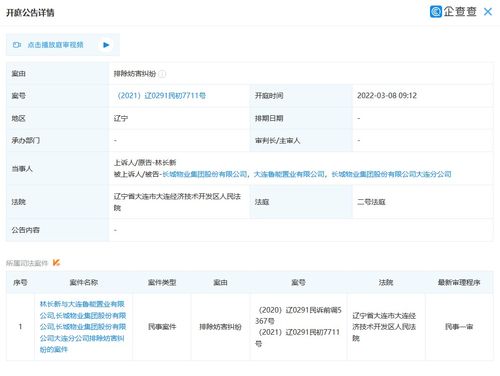 大连鲁能置业新增开庭公告 案由系排除妨害纠纷